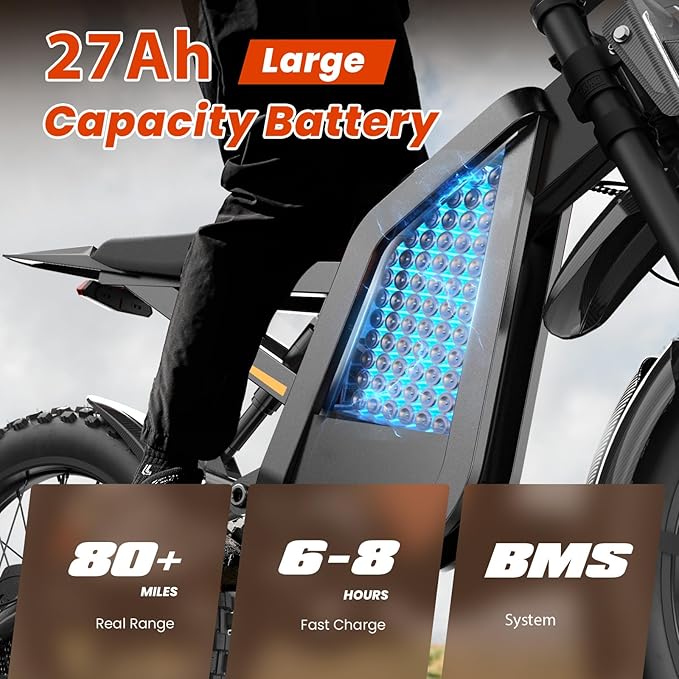Electric Dirt Bike for Adults, 𝟰𝟬𝟬𝟬𝗪/𝟮𝟬𝟬𝟬𝗪 𝗣𝗲𝗮𝗸 27AH/18.2Ah Off-Road Motorcycle, 35MPH 65+ Mile Range, 19" Fat Tire, Hydraulic Brakes, APP & NFC Control