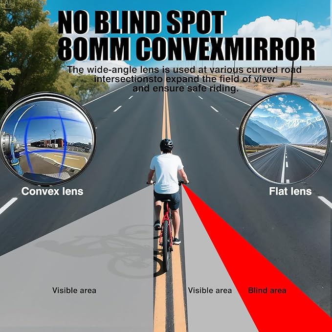 Bike Mirror Handlebar Mount, 2 Pcs 360° Rotatable Adjustable Acrylic Convex Mirror, No Tool Installation, Vibration-Free Wide View for Mountain/Road/E-Bike/Scooter - Bicycle Accessories