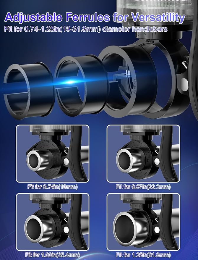 Bike Bell for Kids & Adults, Light up Bike Accessories Adjustable with Ferrules Fit for 0.74-1.25in(19-31.8mm) Bicycle Handlebars, Aluminum Made & Crisp Sound for Mountain Dirt Road Bike Ebike