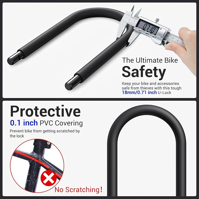 Sportneer Bike U Lock - 18mm Shackle Heavy Duty Bike Lock with 6ft Security Cable - Bicycle U-Locks with Sturdy Mounting Bracket for Road, Mountain, Electric and Folding Bike, Size 9.85''x6.3''