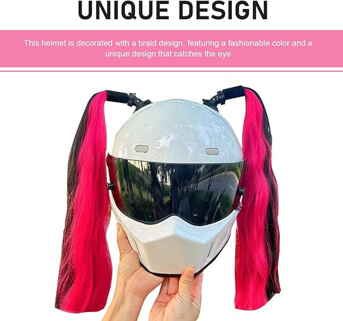 2 PCS Helmet Pigtails, Fun Pigtail Decorations for Helmet with Suction Cup, Detachable Fake Hair Decor, Universal for Motorcycle Bike Helmets (Black & Pink)