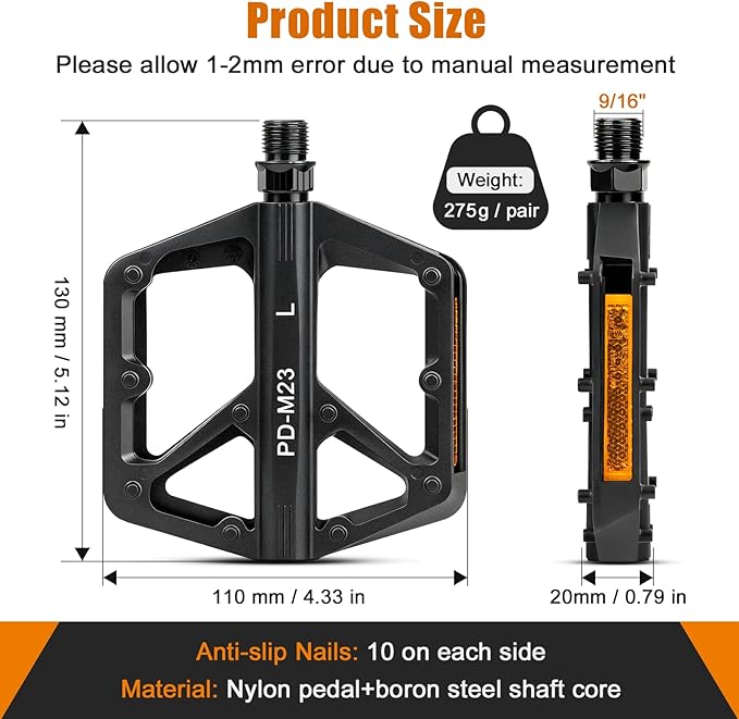 SYACHI Bike Pedals with Reflective Strip, Non-Slip & Wide Paltform & Lightweight Mountain Bike Pedals, 9/16 Inch Universal Bicycle Pedals for Mountain Road BMX MTB Bikes, Black