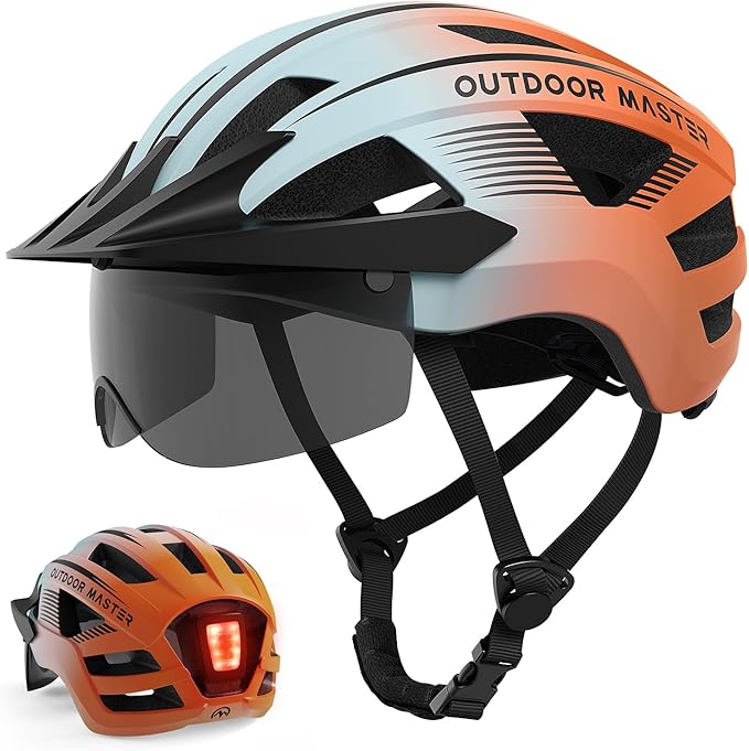 OutdoorMaster Adult Bike Helmet - Bicycle Helmet with Rechargeable Rear LED Light, Detachable Magnetic Goggles, Removable Sun Visor - Suitable for Commuting and Cycling for Men and Women