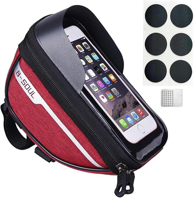 Bike Phone Front Frame Bag, Waterproof, Tube Case, Bicycle Phone Holder, Bike Handlebar Bag, Bicycle Accessories Compatible Cellphone Under 7.2”, Cycling Pouch with 6Pcs Glue-free Tire Patches