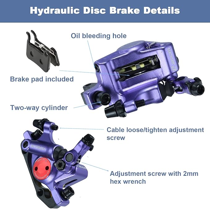 HB-100 Line Pulling Hydraulic Disc Brake Calipers，Mechanical Disc Brakes for MTB, Mountain Bike, E-bike and Electric Bike 2PCS Front/Rear Black/Red/Gold (Purple)