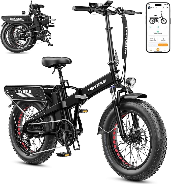Heybike Mars 2.0/3.0 Foldable Electric Bike, UL2849 Certified, 70+Miles Long Range, 1400W/1800W Peak Motor 32MPH, 624WH Removable Battery, 20"*4 Fat Tire Ebike for Snow, Commute, Full Suspension