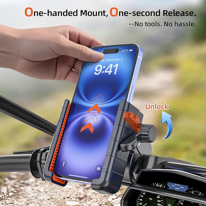 𝟑𝐫𝐝-𝐆𝐞𝐧 Anti Vibration Motorcycle Phone Mount Bike Phone Holder, E-Bike Handlebar Cell Phone Holder with Secure Lock, Electric Scooter Phone Holder for Bicycle/ATV Fit 4.7-7'' Phone