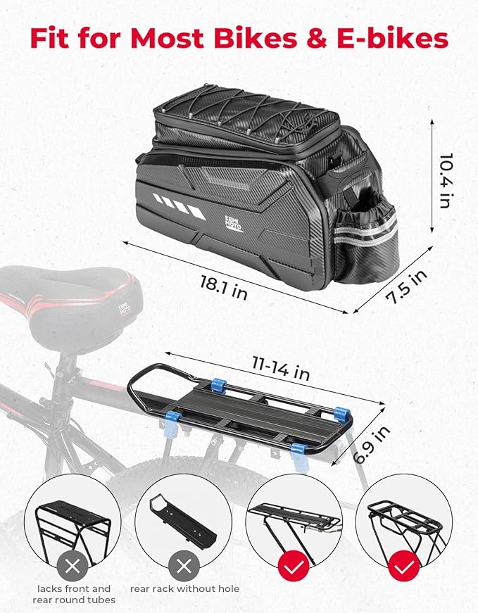 KEMIMOTO Bike Rear Bag, 11L/20L/40L EVA Hard Shell with Waterproof Cover, Bicycle Trunk with Shoulder Strap for Commuter Travel Outdoor