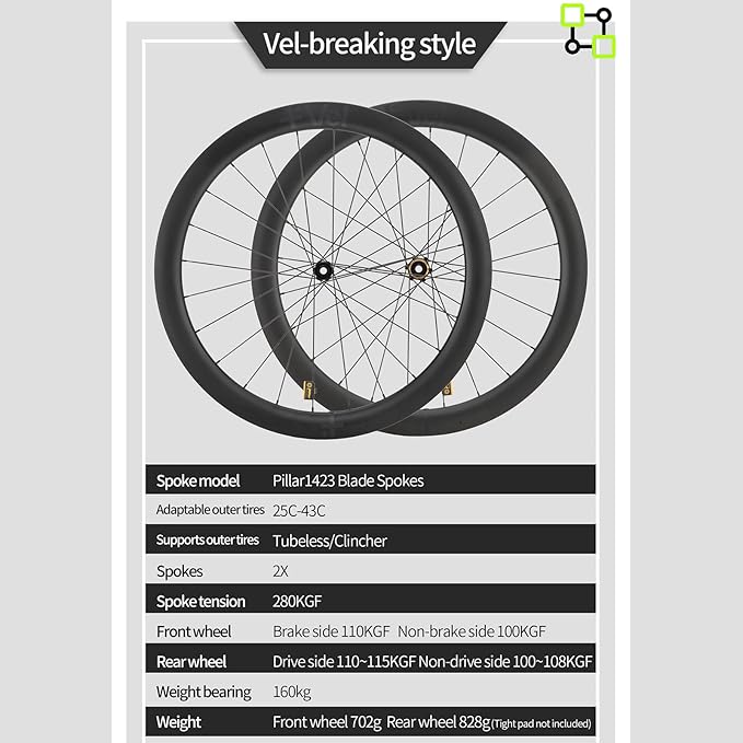 MEROCA VEL Road Bike Carbon Wheelset 700C Clincher Wheelset 50/60mm Deep Disc Brake Clincher/Tubeless Ready, 36T Ratchet Hub, Pillar Spokes