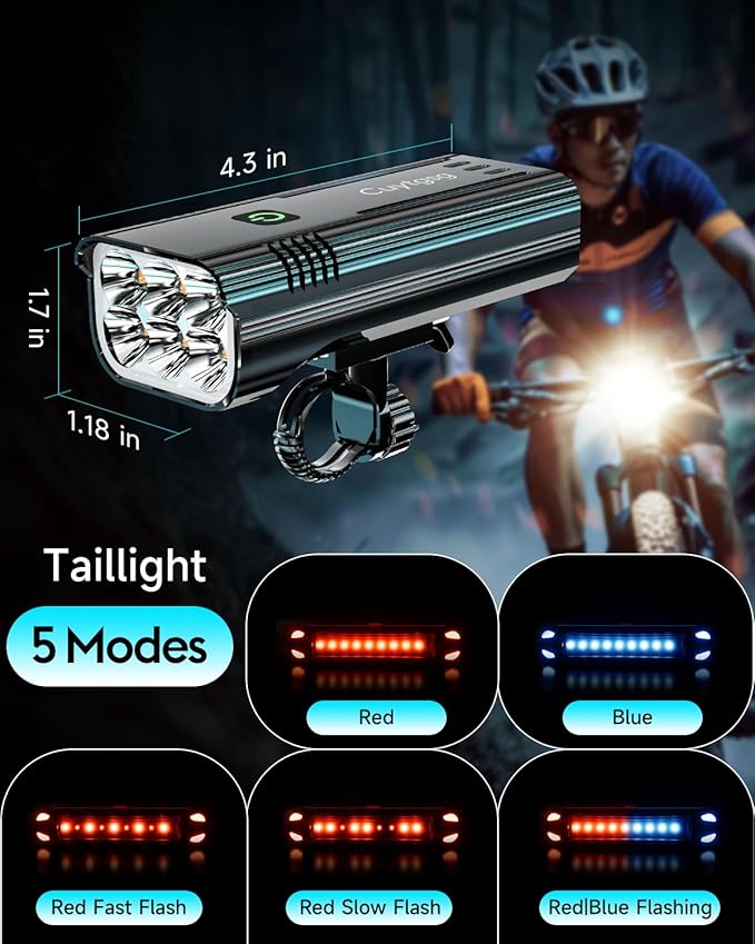 2026 Upgrade 6800Lumen Bike Light for Night Riding,Super Bright 6 LED Headlight,Aluminum 10 Mode Rechargeable Bicycle Light Front and Rear,360°Rotatable Brackt,Waterproof,Runtime 72 hr,Road Shockproof
