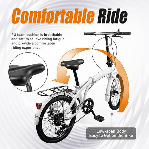 20" Foldable Bicycle, 7-Speed Folding City Commuter Bike with Adjustable Stem and Dual Disc Brakes, Compact Folding Bike for Commuting & Travel