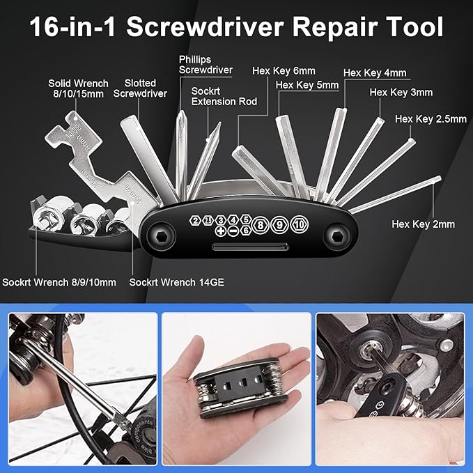 Ultimate 27-Piece Bike Repair Kit - Roadside Emergency Savior with 120PSI Mini Pump (Fits Presta & Schrader), 16-in-1 Multitool & Glue-Free Tire Patch, Pro Set for Road & Mountain Bikes