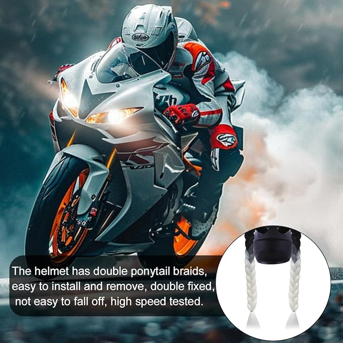 Helmet Pigtail Braids, 2PCS Motorcycle Helmet Ponytail Hair Tails Braid with Detachable Suction Cup, Hel-met Not Included, Bike Decoration Accessories, Universal for Bicycle Motorbike (Style3)