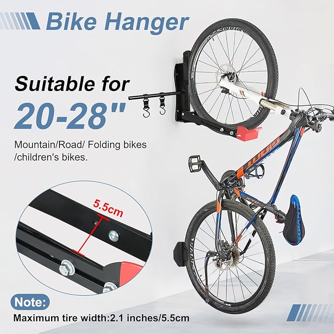 Wall Mount Bike Rack,No Lift MTB Road Bike Storage Rack Hanger Garage Indoor Space Saving,Heavy Duty Metal Bicycle Rack Holder Adjustable Size w/Extendable Storage Hook