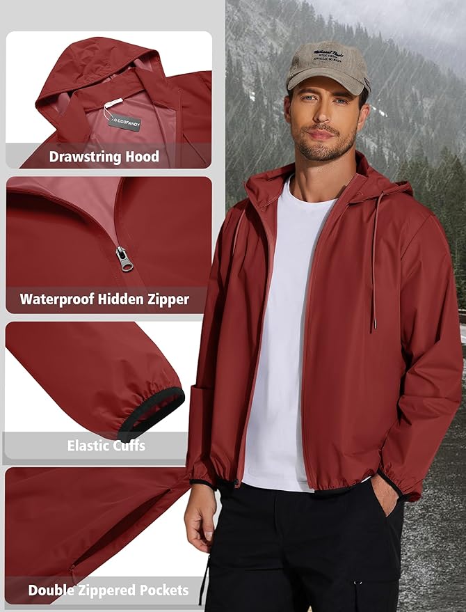 COOFANDY Men's Light Rain Jacket with Hood Packable Waterproof Raincoat Golf Rain Gear Travel Hiking Windbreaker