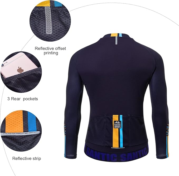 Santic Cycling Jersey Men's Long Sleeve Bike Reflective Full Zip Bicycle Shirts with Pockets