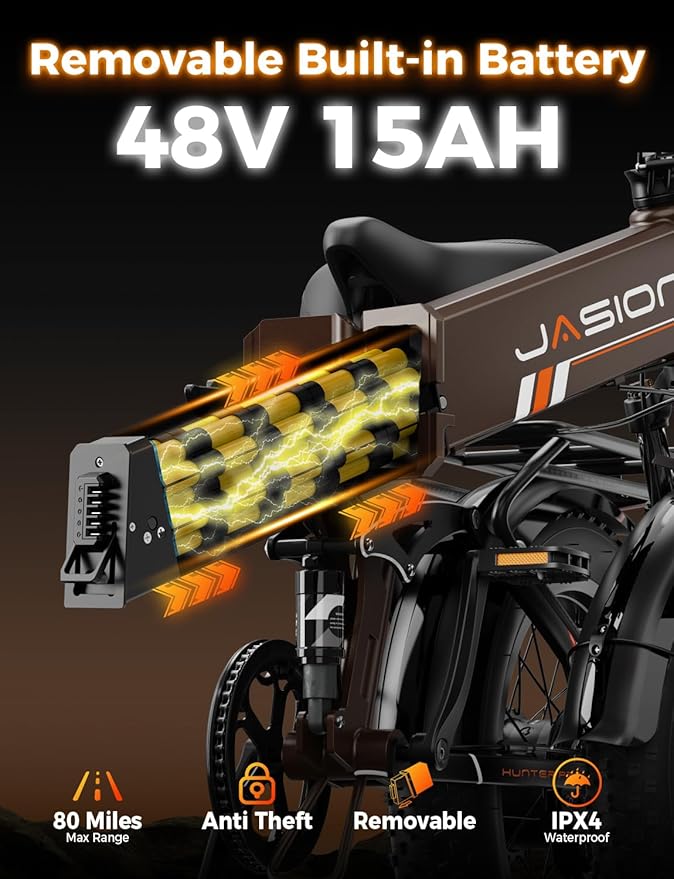 Jasion X Hunter/PRO Electric Bike for Adults,1800W/1400W Peak 20''Fat Tire Foldable Ebike,Folding E Bike Up to 80/70 Miles Range,720/624WH Removable Battery,30 MPH E Bike,Certified by UL2849
