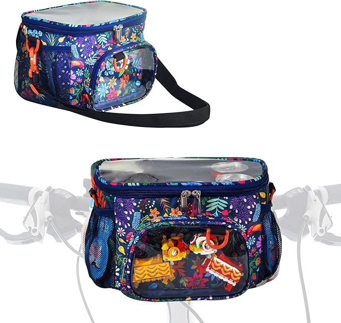Kids Bike Basket,Durable Front Frame Bicycle & Scooter Basket Bag,Waterproof Fabric Bicycle Handlebar Bag for Boys, Girls, Toddlers with Shoulder Strap (Flower)