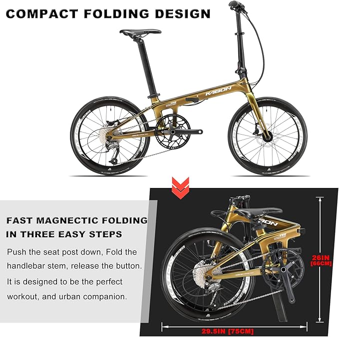 KABON Folding Bike for Adults, Carbon Fiber Mini Compact Folding Bike for Women Commuters City Foldable Bicycle 20inch Wheel