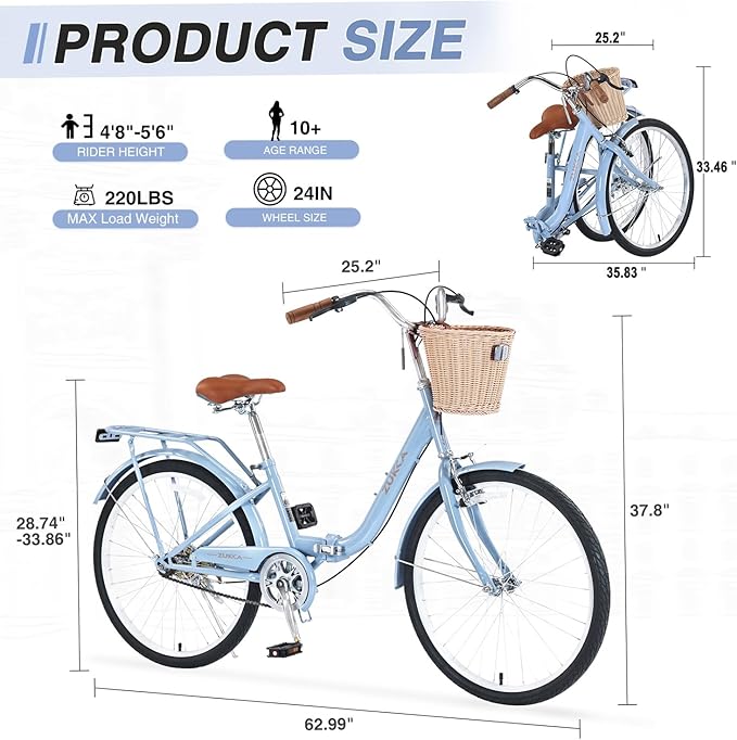 24/26 inch Female Bicycle Single Speed Folding Lady Bike, Durable Steel Frame,Compact Design for Easy Storage and Commuting Multi Color