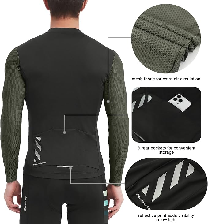 Santic Cycling Jersey Men's Long Sleeve Bike Reflective Full Zip Bicycle Shirts with Pockets