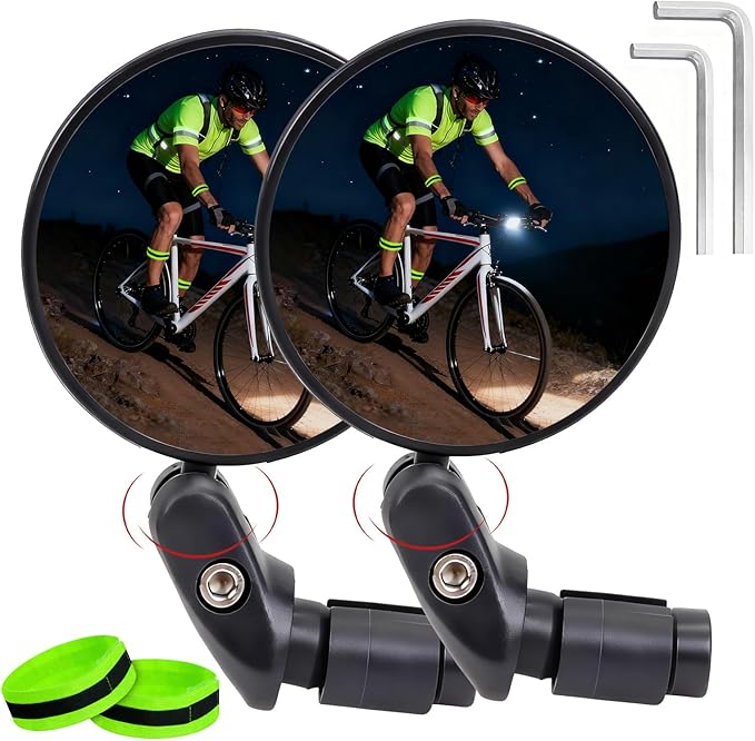 2PCS Bike Mirror, 360° Adjustable Bar End Bicycle Mirror with 2PCS Reflective Bands for Safe Cycling, Handlebar Mount Rearview Mirror with Allen Wrench for Mountain Road E-Bike