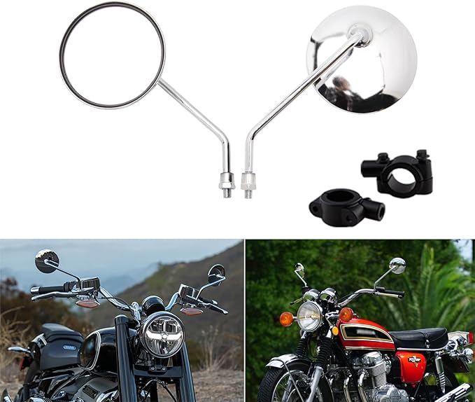 DREAMIZER Motorcycle Rear View Mirror - 7/8" 10MM Handlebar Side Mirrors Chrome Universal Compatible with CB 400 750 XT25 XVS VRZ 1800 GT750 CRF450 - Round