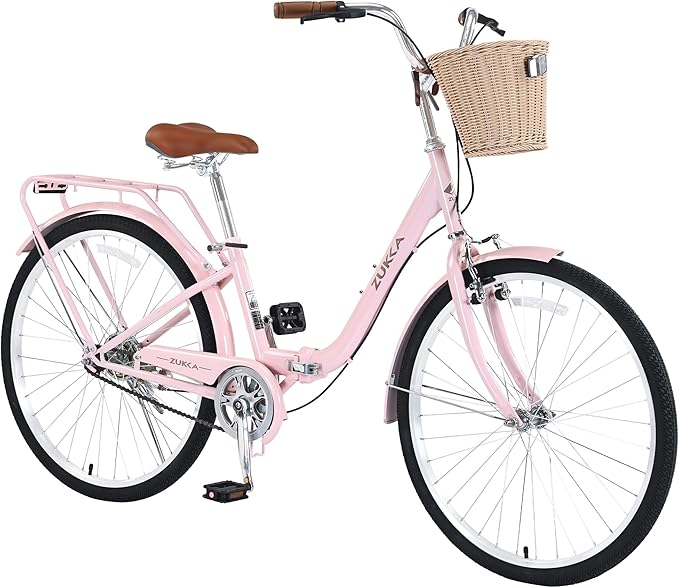 24/26 Inch Folding Girls/Womens Cruiser Bike，1-Speed Foldable Hybrid City Bicycle with Dual Brakes,Basket & Rear Rack，Adjustable Seat Post&Handlebar，3 Colors