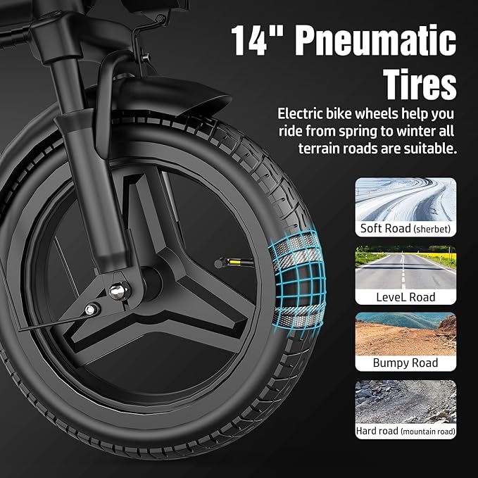 ASKGO Electric Bike for Adults Teens, 800W/1200W Peak Folding Ebike, 22/25MPH, 30-45 Miles Range, E-Bike with Dual Brake & Multi Suspension, 14" Portable Electric Mini Bike for Commuting
