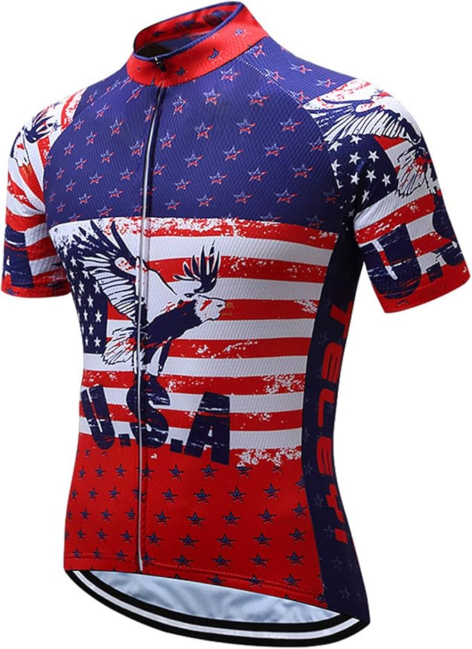JPOJPO USA Cycling Jersey Men Short Sleeve Bike Shirts Biking Jersey Summer American Bicycle Tops with 3 Pockets Reflective