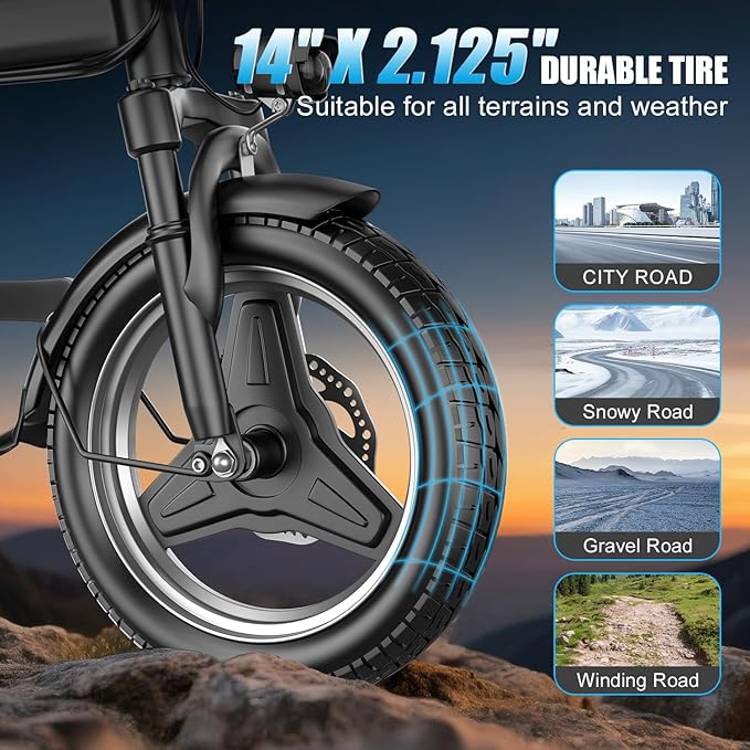AZHAR Foldable Electric Bike for Adults Teens, 1200W Peak Motor, Up to 25 MPH, 45 Miles PAS Range, Dual Suspension, 14” Tires, 3-Speed Modes, Compact & Portable Electric Mini Bike, Commuting Ebike