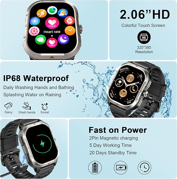 Smart Watch for Men Women GPS, Military 2.06" Fitness Tracker with Bluetooth Calling, Smartwatch Heart Rate Sleep SpO2 Step Counter, Voice Assistant, Activity Tracker 100+ Sport Modes for Android iOS