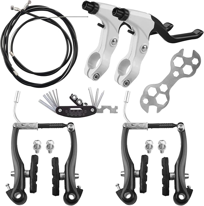 Complete Bike Brakes Set，Inner and Outer Callipers Cables Lever Kit ，Universal Bike Front and Rear MTB Brake with Multi-Tool Wrenches Black White
