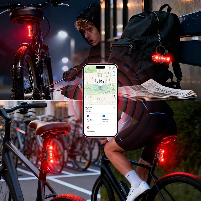 Bike Tail Light with Bike Tracker, GPS Real-Time Track (iOS Only, Work with Apple Find My), 3 Light Modes, Rechargeable Type-C, IPX6 Waterproof, Cycling Safety Rear Bike Light for Night Riding