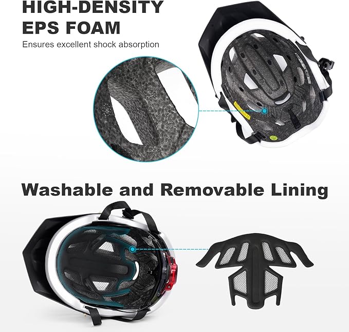 LUMDEER Bike Helmet for Adults - Mountain Bicycle Helmet with Rechargeable Light, Airflow Visor, Lightweight Ajustable Biking Helmet for Men Women