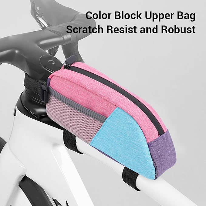 Fockety Top Tube Bike Bag, Color Blocking 0.8L Bike Frame Bag Bike Frame Storage Bag Bike Accessories Pouch for Mountain Road Bikes (Blue Pink Purple)