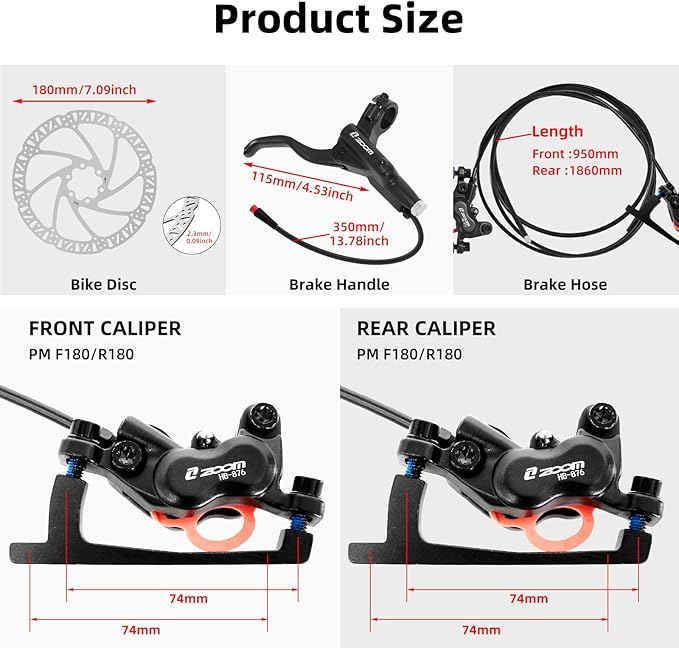 Z00M HB876E 2-PIN 4-Pistons E-Bike Electric Power-Off Hydraulic Brake Set, Pre-Bled with Mineral Oil Brakes Kit for eBike, Mountain Bike, Road Bike