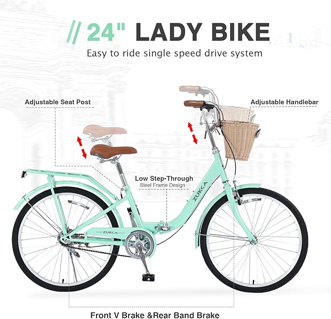 24/26 inch Female Bicycle Single Speed Folding Lady Bike, Durable Steel Frame,Compact Design for Easy Storage and Commuting Multi Color