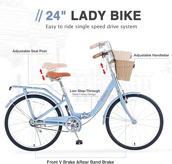24/26 inch Female Bicycle Single Speed Folding Lady Bike, Durable Steel Frame,Compact Design for Easy Storage and Commuting Multi Color