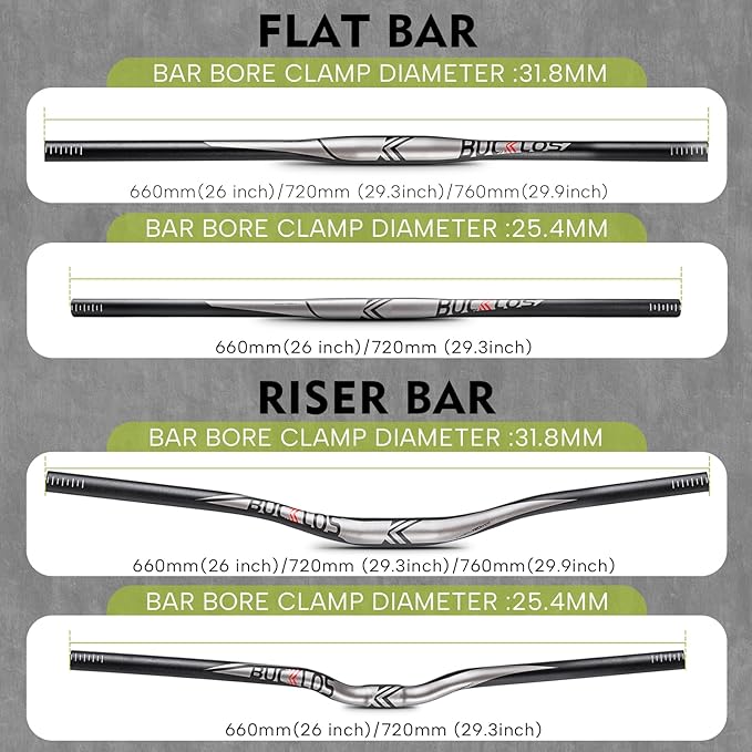 BUCKLOS 25.4/31.8mm Mountain Bike Handlebars Flat/Riser Bar, Aluminum Alloy MTB Handlebar 660/720/780mm, Premium Matter Mount Bikes Bicycle Handle Bar