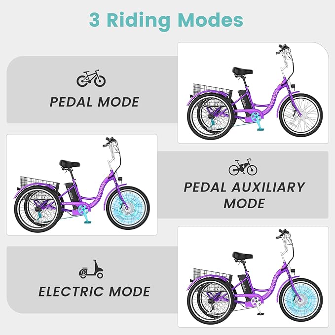 Electric Tricycle for Adults Seniors, 24/26 Inch 3 Wheel E-Trike, 350W Motor (700W Peak), Removable 36V Battery, Up to 15.5MPH, 25-60Mile Range, Low Step-Through, Rear Basket, 350lbs Capacity, 7 Speed