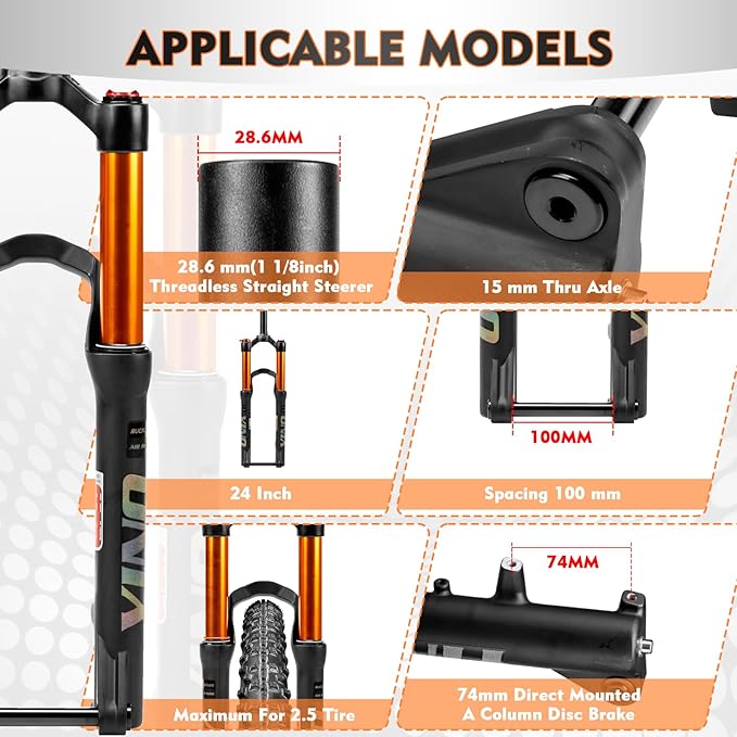 BUCKLOS YINO 24 inch MTB Air Suspension Fork 120mm Travel, QR 9mm/100 * 15mm Thru Axle Disc Brake, 1-1/8" Straight Tube Manual Lockout XC AM Ultralight Mountain Bike Front Forks