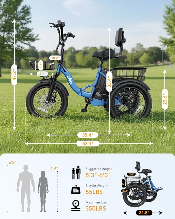 Qlife Triker Electric Bike, Peak 750W/1200W Brushless Motor Folding Trike Ebike, 499Wh Removable Battery, Step-Thru 3 Wheel Electric Bicycle, Up to 55 Miles, 20 Tire Tricycle for Adults