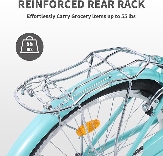 Beach Cruiser Bike, 26 inch Adults Bicycle for Women Single Speed, Cruiser Bikes for Women with Basket & Steel Rack, Women's Bike for Commuting, City Bike for Adults