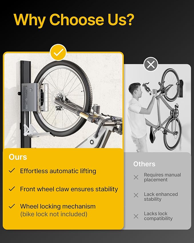 monTEK Automatic Lift Bike Rack – Fits 24-29" Tires, Heavy-Duty Vertical Wall Rack for Bicycles (Up to 71 lbs) - Effortless Lifting, Easy Install - Space-Saving Storage for Garage, Shed, BG