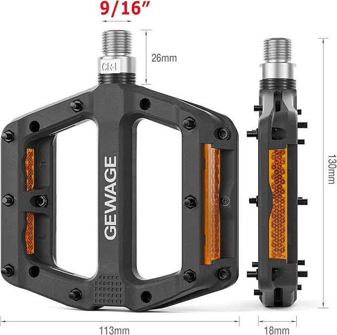 Mountain Bike Pedals 9/16 Inch - Bicycle Flat Pedals with Reflectors - Lightweight Nylon Fiber Wide Platform Pedals for Mountain Bike, BMX, Road Bike Pedals
