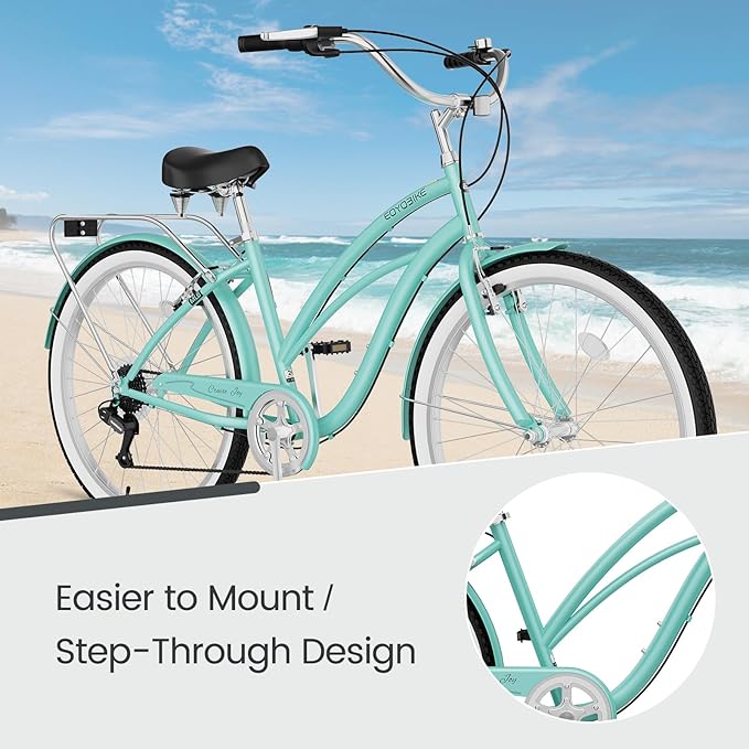 MOPHOTO 24" 26" Adult Bike 7-Speed Beach Cruiser Bike for Adults, Rear Rack, Fenders, Step-Through or Classic Frame