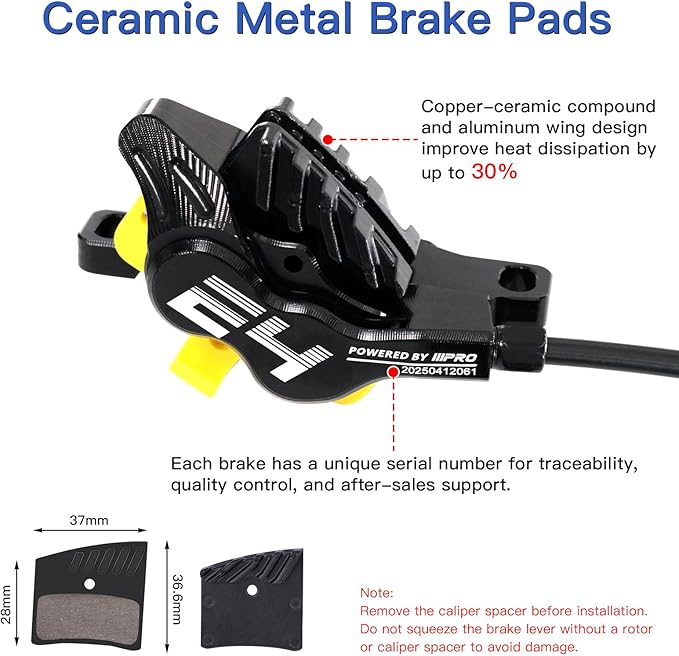 ZTZ IIIPRO E4 MTB Hydraulic Disc Brake Set, 4-Piston Hydraulic Brake Kit with Ceramic Brake Pads for Mountain Bike（Pre-Bled, Front 800mm and Rear 1550mm）