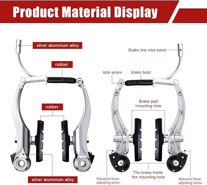 Boao Complete V-Type Bike Brake Set, Front and Rear Bike MTB Brake Inner and Outer Cables and Lever Kit Includes Calipers Levers Cables (Silver)