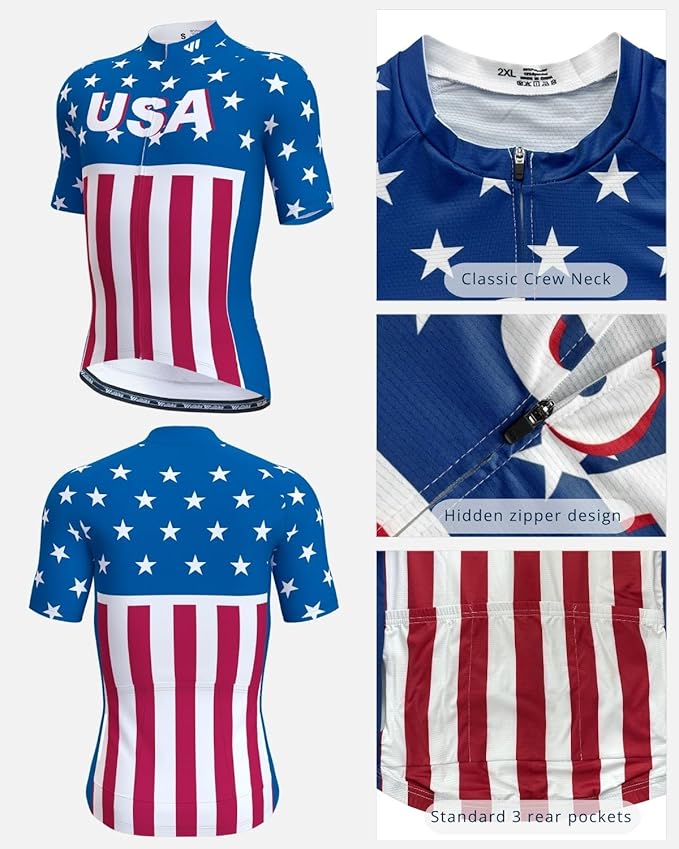 Lo.gas USA Cycling Jersey Men Short Sleeve Bike Biking Shirts American Flag Road Bicycle Clothing Full Zip with Pockets